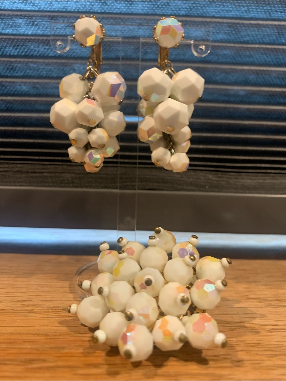White Faceted Bead Cluster Clip-On Earrings and matching brooch